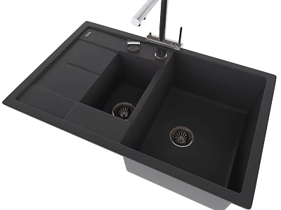 Black Double Bowl Kitchen Sink with Modern Faucet and Drain Design for Home 3d model