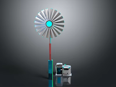 Modern Windmill Structure With Silver Blades Blue Center Red Pole And Base Unit 3d model