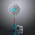 Modern Windmill Structure With Silver Blades Blue Center Red Pole And Base Unit