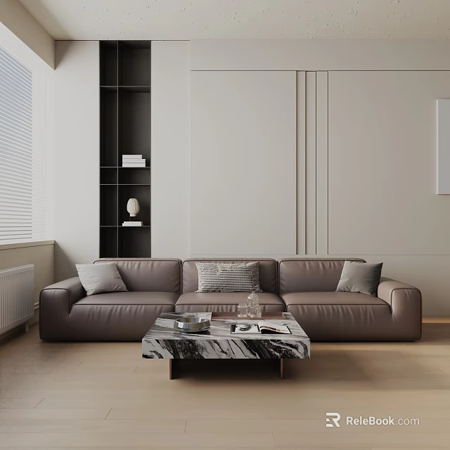 Beige Leather Three Seater Sofa With Marble Coffee Table And Black Open Shelves 3d model