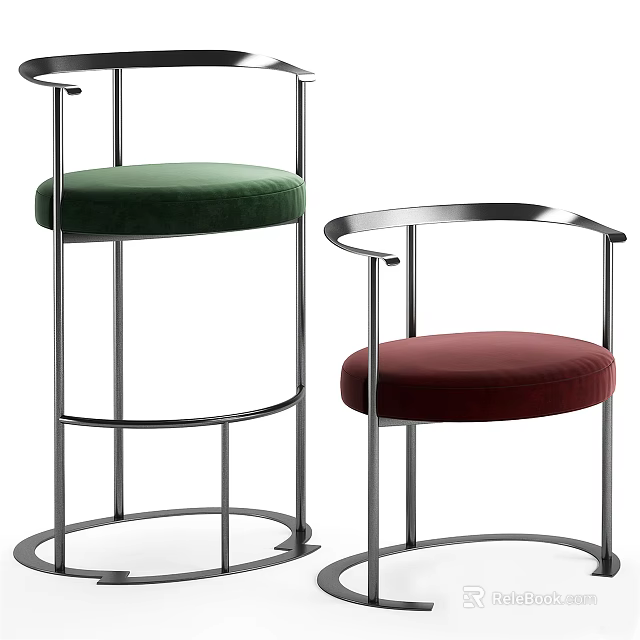 Modern Metal Frame Bar Stools With Armrests And Green Red Upholstered Seats 3d model 