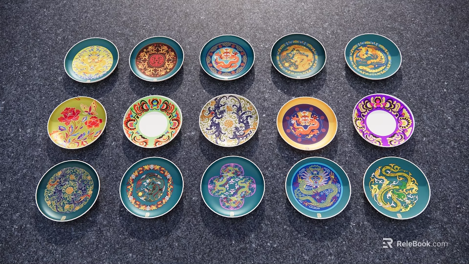 Colorful Ceramic Wall Hangings With Traditional Floral And Dragon Patterns For Home Decor 3d model 