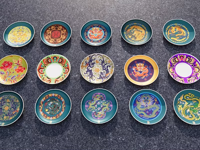 Colorful Ceramic Wall Hangings With Traditional Floral And Dragon Patterns For Home Decor 3d model
