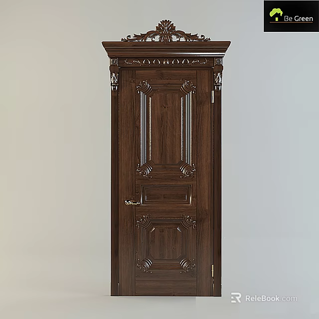 Elegant Brown Wooden Main Door With Intricate Carvings Brass Handle And Decorative Details 3d model 