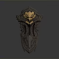 Ornate Medieval Shield with Intricate Engraved Patterns Gold Accents and Dark Metal Base