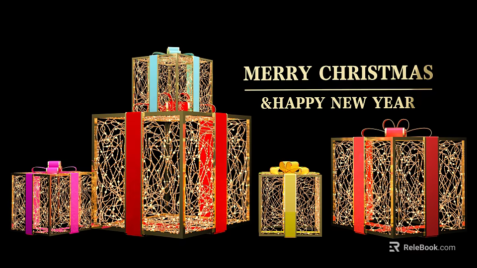Christmas and New Year Decorative Ornament Set with Golden Filigree Design and Colorful Ribbons 3d model 