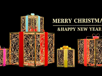 Christmas and New Year Decorative Ornament Set with Golden Filigree Design and Colorful Ribbons 3d model