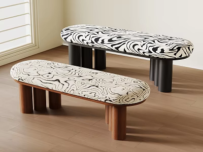 Modern Stools With Patterned Seats And Cylindrical Dark Wooden Legs Design 3d model