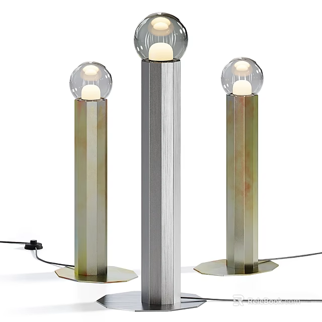 Modern Floor Lamps With Cylindrical Metallic Bodies And Spherical Glowing Shades 3d model 