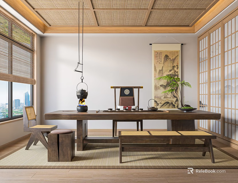 Japanese Style Tea Room Interior With Wooden Table Shoji Doors Hanging Scroll And City View 3d model 