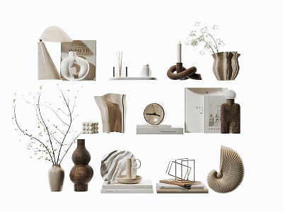 Decorative Ornament Set With Vases Clock Sculptures And Marble Wooden Elements 3d model