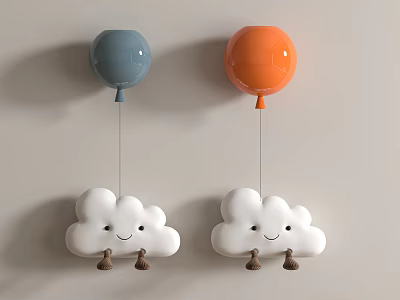 Cute Wall Hanging Decor With Blue Orange Balloons And White Smiling Clouds For Kids Room 3d model