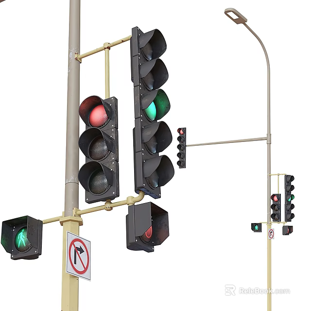 Outdoor Traffic Signal Lights On Street Poles With Red Green And Yellow Signals 3d model 