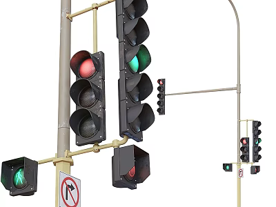 Outdoor Traffic Signal Lights On Street Poles With Red Green And Yellow Signals 3d model