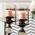 Glass Vase With Pink And White Roses Green Leaves Brass Candle Holders Chevron Background