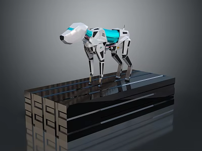White and Blue Robotic Dog Model Standing on Black Platform Design 3d model