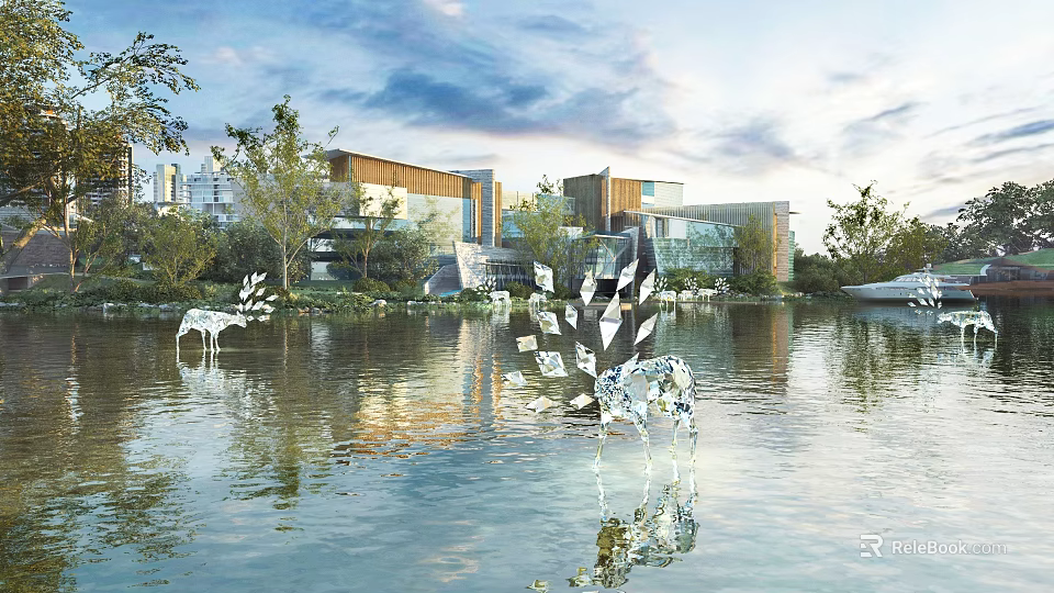 Modern Residential Landscape With Water Reflections Green Trees And Cloudy Sky 3d model 