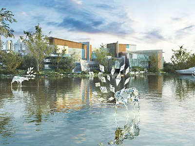 Modern Residential Landscape With Water Reflections Green Trees And Cloudy Sky 3d model