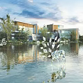 Modern Residential Landscape With Water Reflections Green Trees And Cloudy Sky