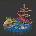 Detailed Pirate Ship Model With Island Palm Trees Water And Sand Scene