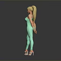 Blonde Woman in Green Jumpsuit Standing with High Heels on Gray Background