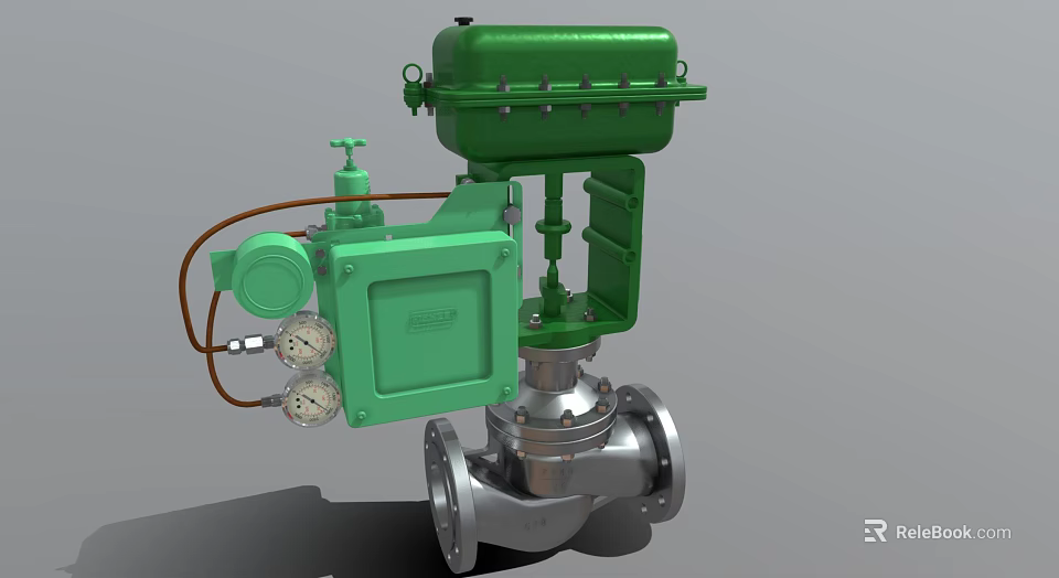 Industrial Control Valve Featuring Green Actuator Metal Flange Body And Pressure Gauges 3d model 