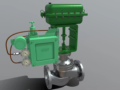 Industrial Control Valve Featuring Green Actuator Metal Flange Body And Pressure Gauges 3d model