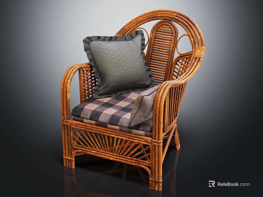 Comfortable Woven Rattan Leisure Chair With Gray Pillow And Plaid Seat Cushion 3d model 