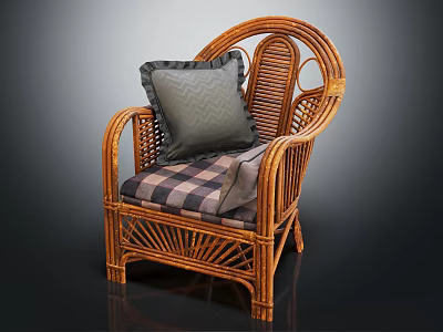 Comfortable Woven Rattan Leisure Chair With Gray Pillow And Plaid Seat Cushion 3d model