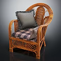 Comfortable Woven Rattan Leisure Chair With Gray Pillow And Plaid Seat Cushion