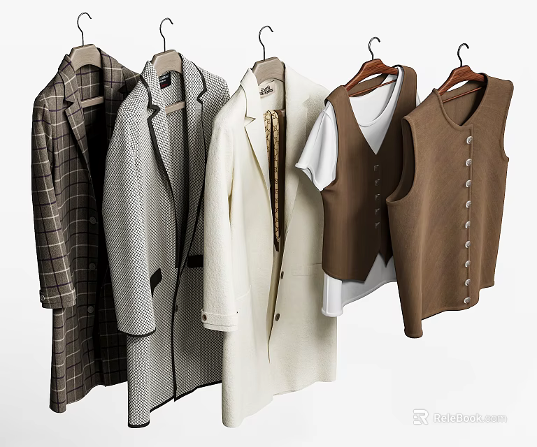 Stylish Hanging Clothes Display With Plaid Houndstooth Coats White Overcoat And Brown Buttoned Vests 3d model 