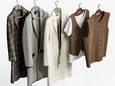 Stylish Hanging Clothes Display With Plaid Houndstooth Coats White Overcoat And Brown Buttoned Vests 3d model