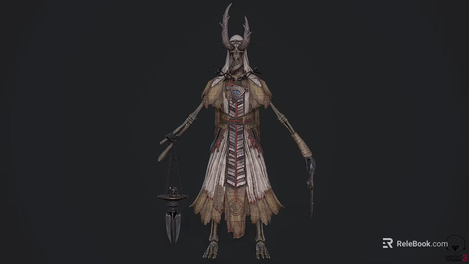 Skeleton Mythical Creature With Antler Headdress Robed Figure And Ritual Weapon 3d model 