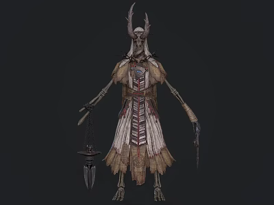 Skeleton Mythical Creature With Antler Headdress Robed Figure And Ritual Weapon 3d model