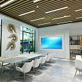 Modern Break Room Interior Design With White Tables Chairs Large Windows And Green Plants