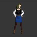 Green Hair Game Movie Character With Black White Top Blue Skirt Brown Boots Standing Pose
