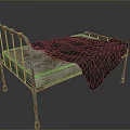 Vintage Rusted Metal Bed Frame With Worn Mattress And Plaid Blanket