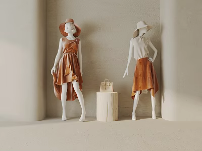 Mannequins Wearing Brown Outfits And Hats With Handbag And Wooden Box In Indoor Scene 3d model