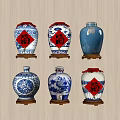 Chinese Traditional Ceramic Vases With Red Fu Characters And Blue White Patterns On Wooden Bases