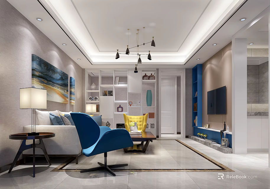 Modern Living Room Interior Design With White Sofa Blue Chair Chandelier And Wall Painting 3d model 
