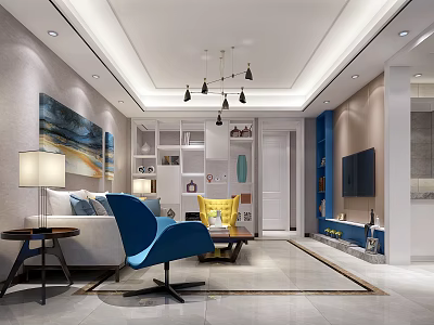 Modern Living Room Interior Design With White Sofa Blue Chair Chandelier And Wall Painting 3d model