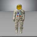 Human Astronaut In White Spacesuit With Gold Helmet And Colorful Buttons Against Gray Gradient Background