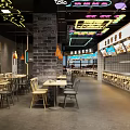 Vibrant Food Court Interior With Neon Signs Shop Counters And Menu Displays