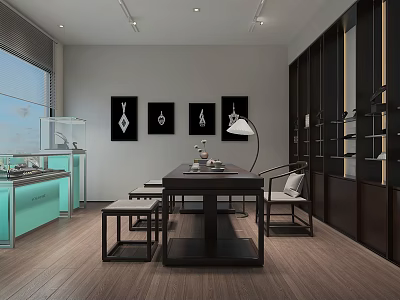 Modern Interior With Light Blue Display Cabinet Black Table Black Framed Paintings And Floor Lamp 3d model