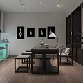 Modern Interior With Light Blue Display Cabinet Black Table Black Framed Paintings And Floor Lamp