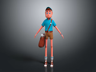 Cartoon Game Movie Character Wearing Blue T-shirt Brown Shorts Brown Bag Cap And White Shoes 3d model