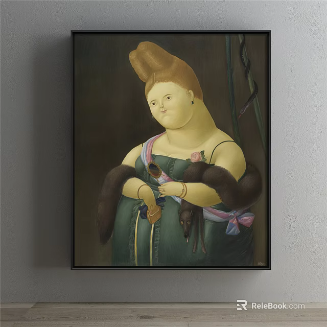 Classic Portrait Painting Of Plump Figure With Tall Updo Green Dress And Dark Fur Stole 3d model 