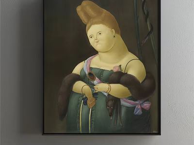 Classic Portrait Painting Of Plump Figure With Tall Updo Green Dress And Dark Fur Stole 3d model