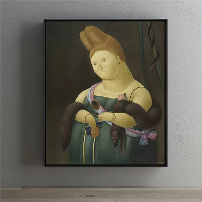 Classic Portrait Painting Of Plump Figure With Tall Updo Green Dress And Dark Fur Stole 3d model