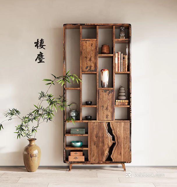 Chinese Style Wooden Shelf With Tea Sets Books Vases And Bamboo Plant Near White Wall 3d model 